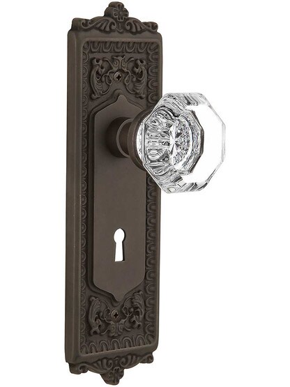 Egg and Dart Door Set with Waldorf-Crystal Glass Knobs and Keyhole - 2 3/8 in Oil-Rubbed Bronze.